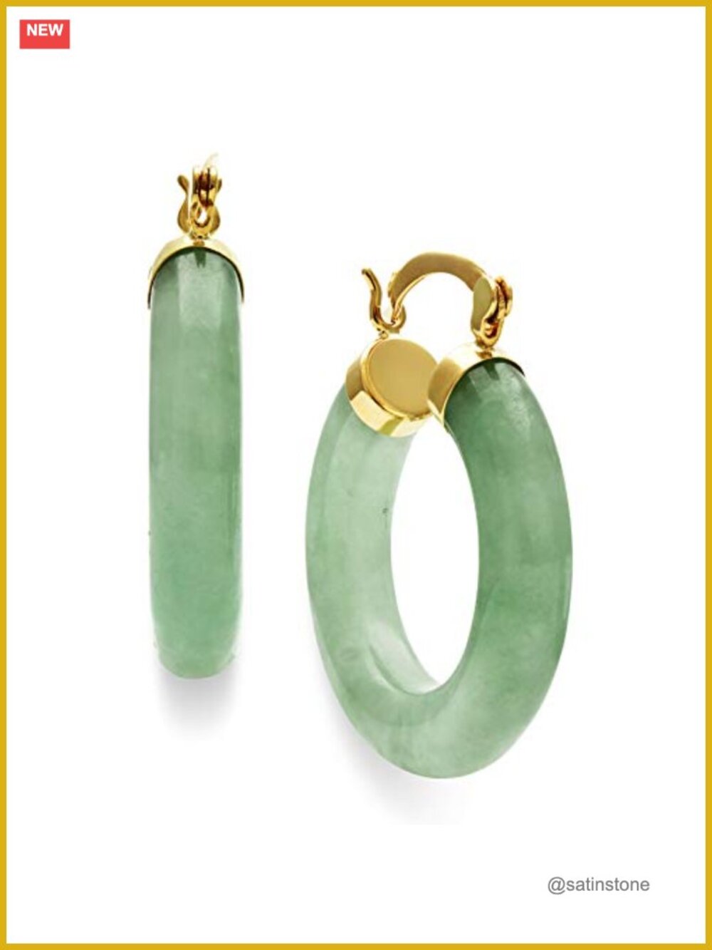 Natural Green Jade Hoop Earrings in 10K Yellow Gold